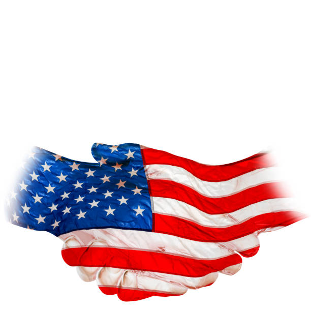 istock Digital hand, touching, wrapped with American flag, isolated against the white background 690274396