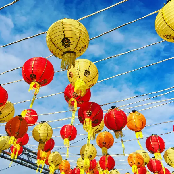Chinese lanterns in a blue sky