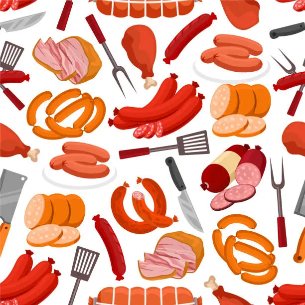 Vector illustration of Meat and sausages vector seamless pattern