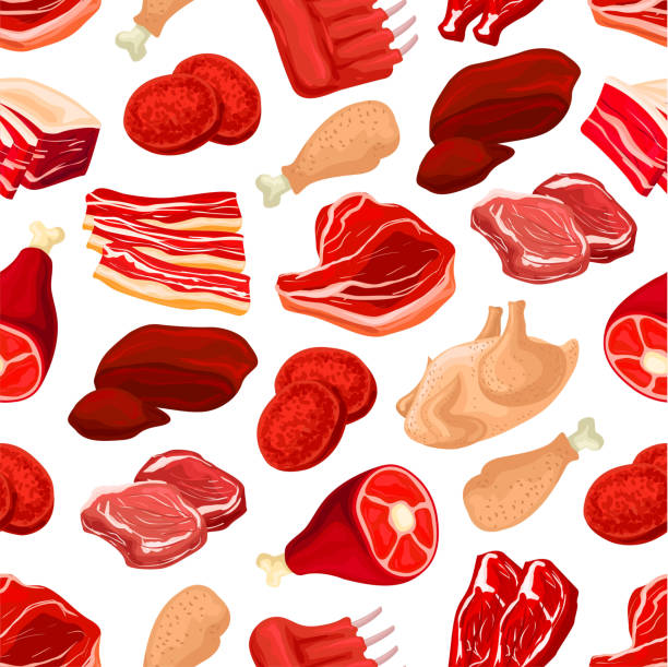 frisches schweinefleisch und rindfleisch fleisch nahtlose muster - pork chop illustrations stock-grafiken, -clipart, -cartoons und -symbole
