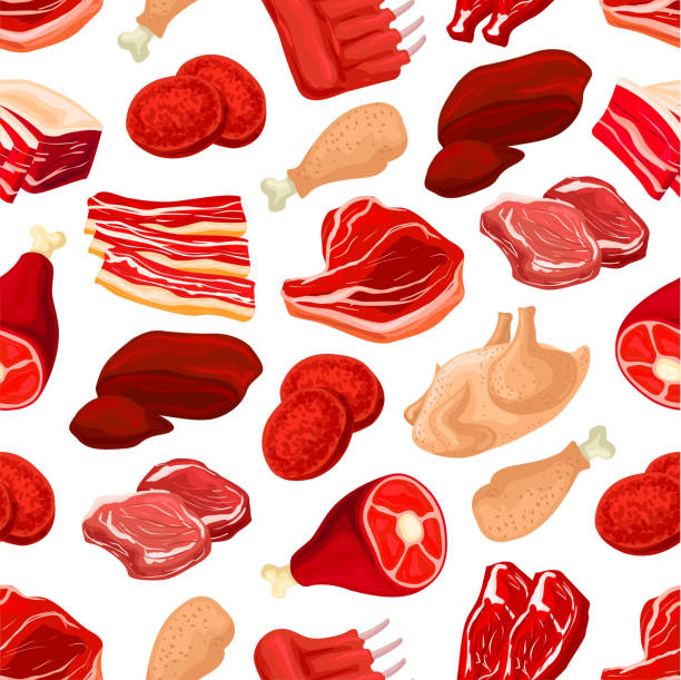 ilustraciones, imágenes clip art, dibujos animados e iconos de stock de fresco de cerdo y carne de res carne de patrones sin fisuras - pork chop illustrations