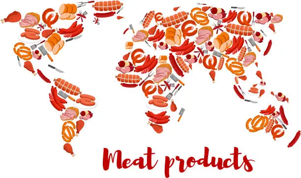 Vector illustration of Meat and sausage products shaped as world map
