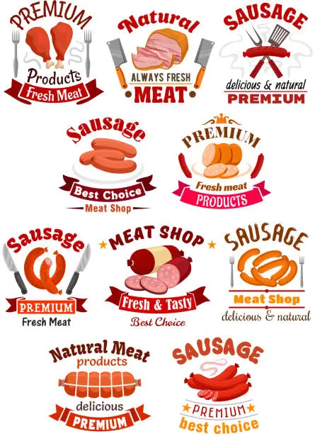 Vector illustration of Meat product icon. Pork ham and sausage