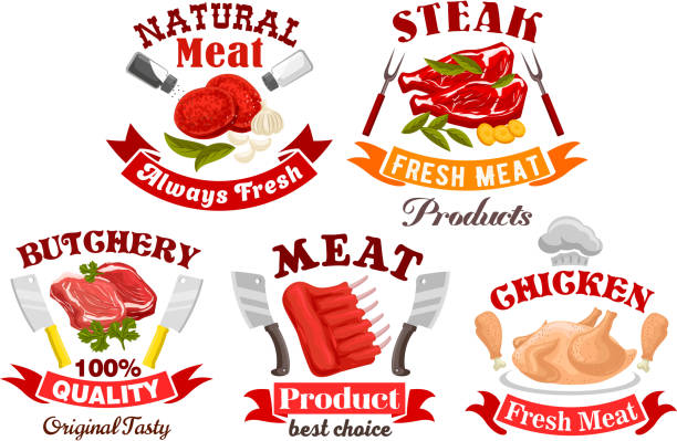 kurczak, wołowina, znak mięsa wieprzowego do projektowania rzeźni - steak pork chop bacon stock illustrations
