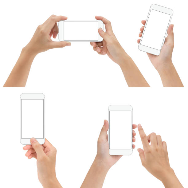 istock hand gesture hold and using phone set isolated on white background 690281216