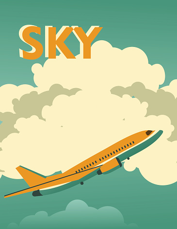 Vector illustration of a vintage sky poster background with a flying passenger airplane