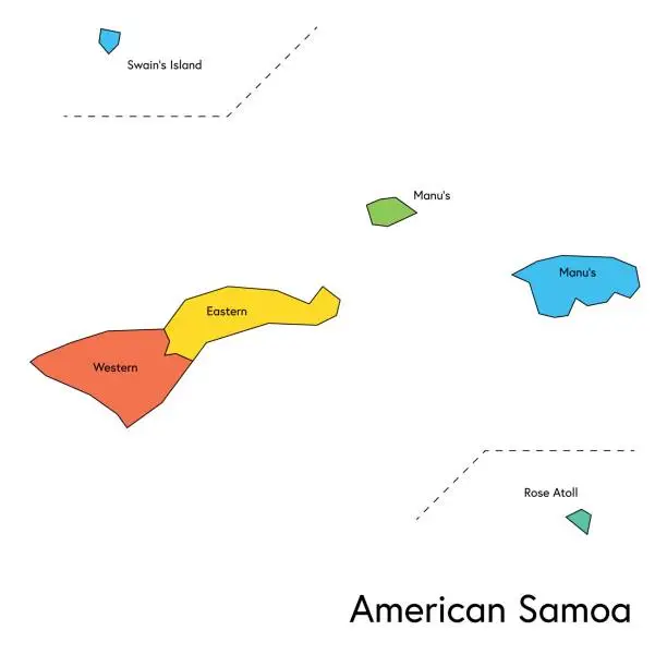 Vector illustration of American Samoa color map with regions and names