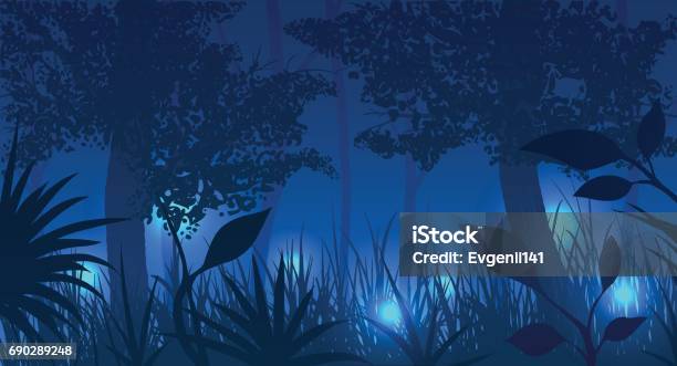 Forest With Glowing Fireflies At Night Vector Illustration Stock Illustration - Download Image Now