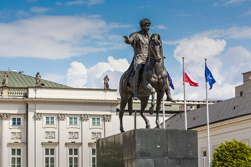 Presidential Palace in Warsaw, Poland. Before it: Bertel Thorvaldsen's equestrian statue of Prince Jozef Poniatowski.