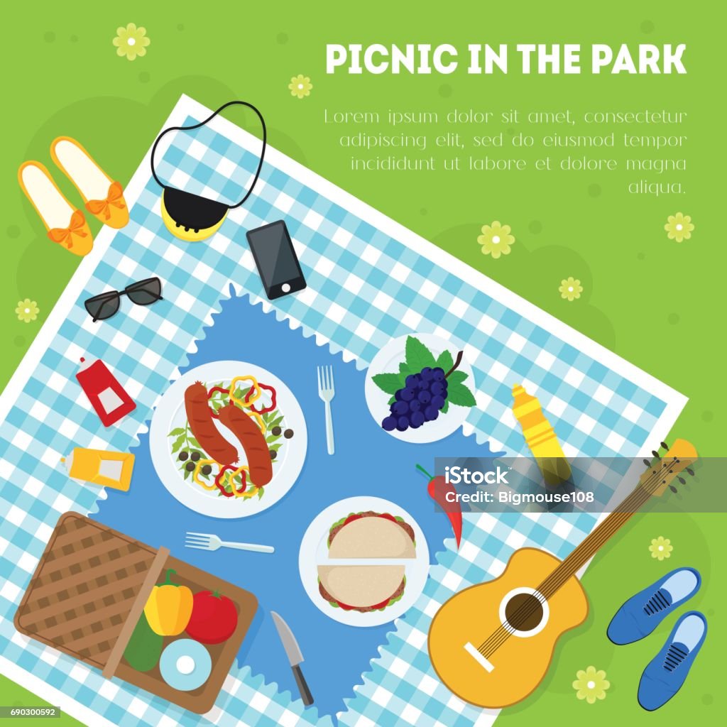 Cartoon Summer Picnic In Park Basket Card Background Vector Stock  Illustration - Download Image Now - iStock