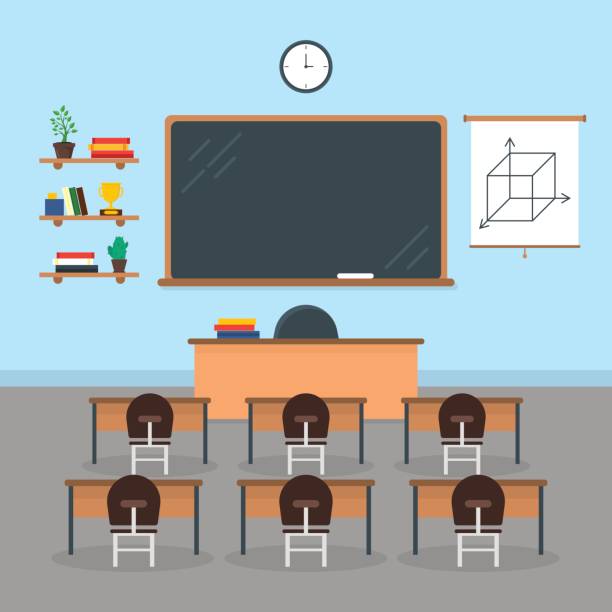 ilustraciones, imágenes clip art, dibujos animados e iconos de stock de dibujos animados interior aula escuela o universidad con muebles. vector de - blackboard classroom backgrounds education