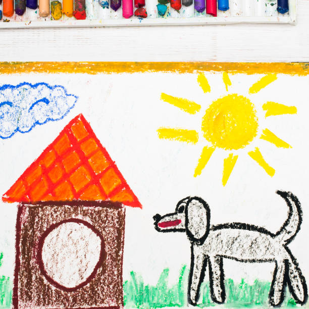 istock Colorful drawing: black big dog and doghouse 690307206