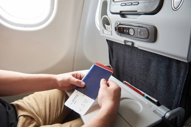 istock Man in airplane with passport in hand 690311244