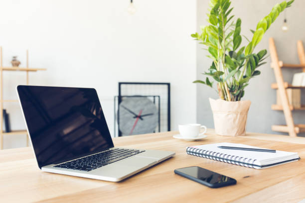 istock design of workplace in home office with modern equipment and objects 690314624