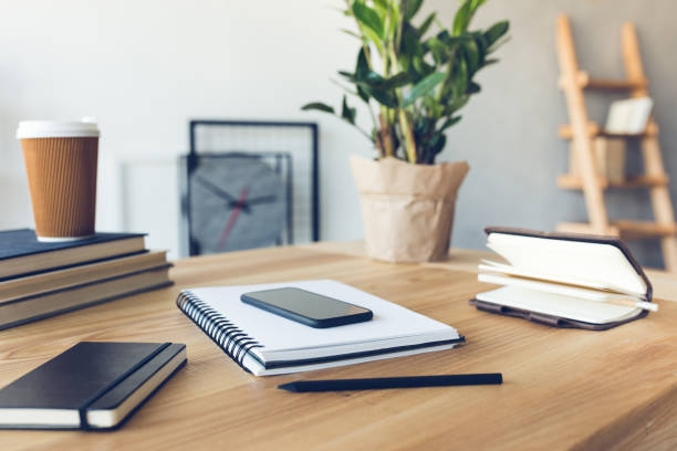 istock design of workplace in home office with modern equipment and objects 690315350