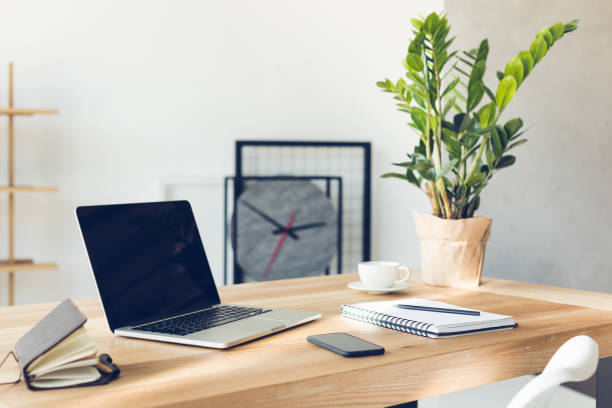 istock design of workplace in home office with modern equipment and objects 690315652