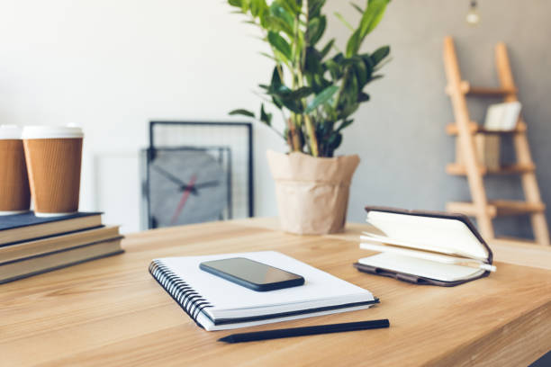 istock design of workplace in home office with modern equipment and objects 690316000