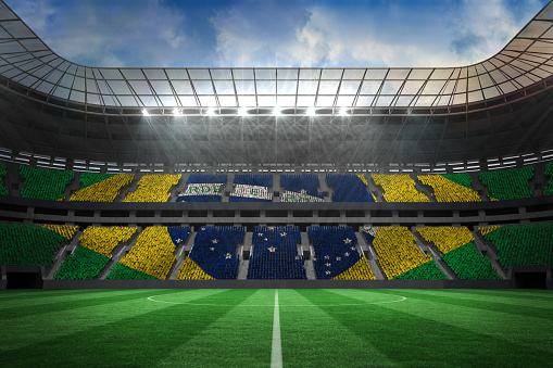 Digitally generated large farge football stadium with brasilian fans