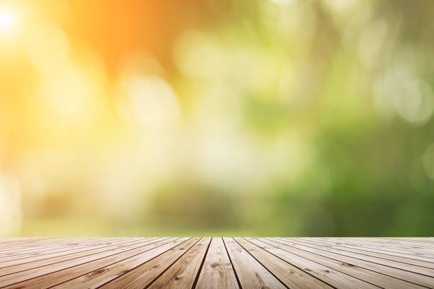 istock Blur green nature bokeh with sun light on copy space empty, old wood plank abstract background. Product presentation with fresh nature. 690318940