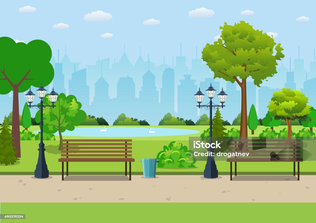 Bench with tree and lantern in the Park. Bench with tree and lantern in the Park. Vector illustration in flat style Public Park stock vector