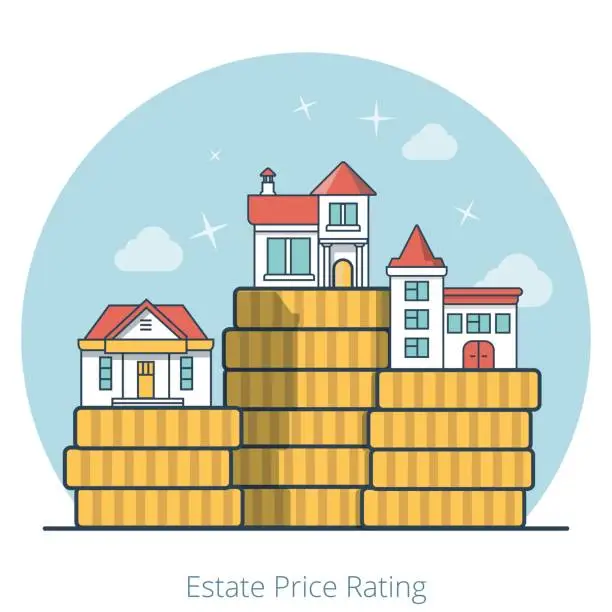 Vector illustration of Linear Flat Houses on top of huge coin stack pile vector illustration. Difference between expensive and cheaper, estate and realty price rating concept.