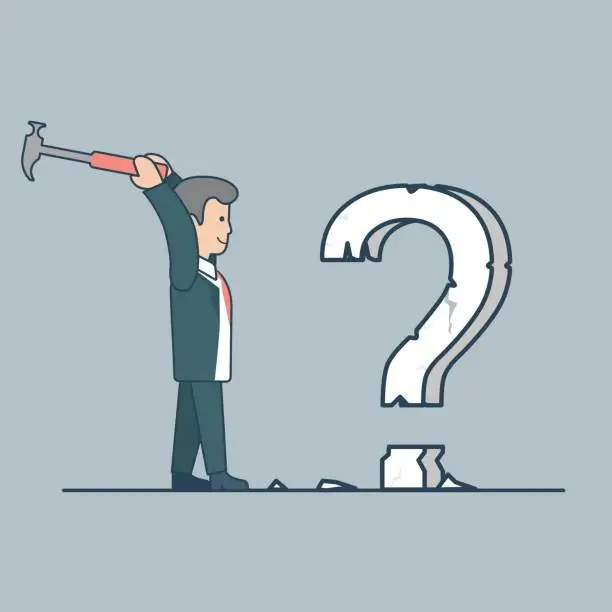 Vector illustration of Linear Flat businessman crashing huge interrogation mark to pieces by hummer vector illustration. Question solution concept.