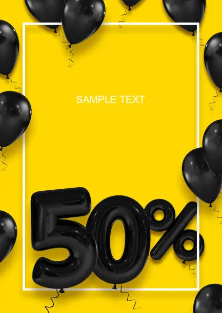 Photo of Poster template for sales. Fifty percent discount. Inflatable balls in a white frame on a yellow background. International Paper Sizes. 3d render