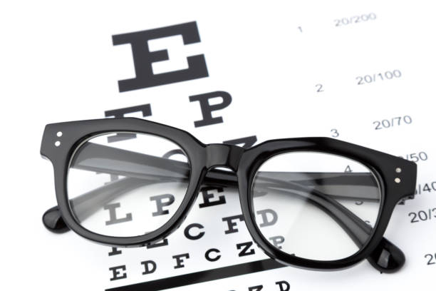 istock Reading glasses with eye chart isolated on white 690326572