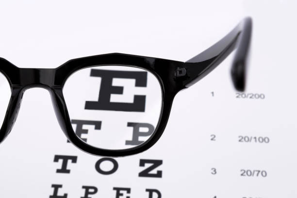istock Reading glasses with eye chart isolated on white 690326644