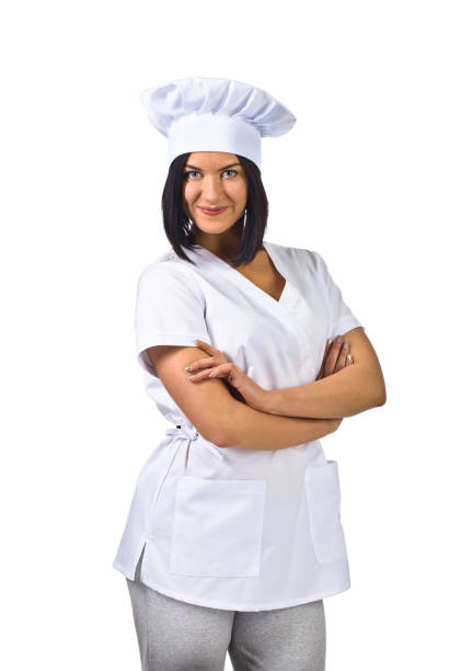 istock woman in chef uniform isolated on white background 690333296