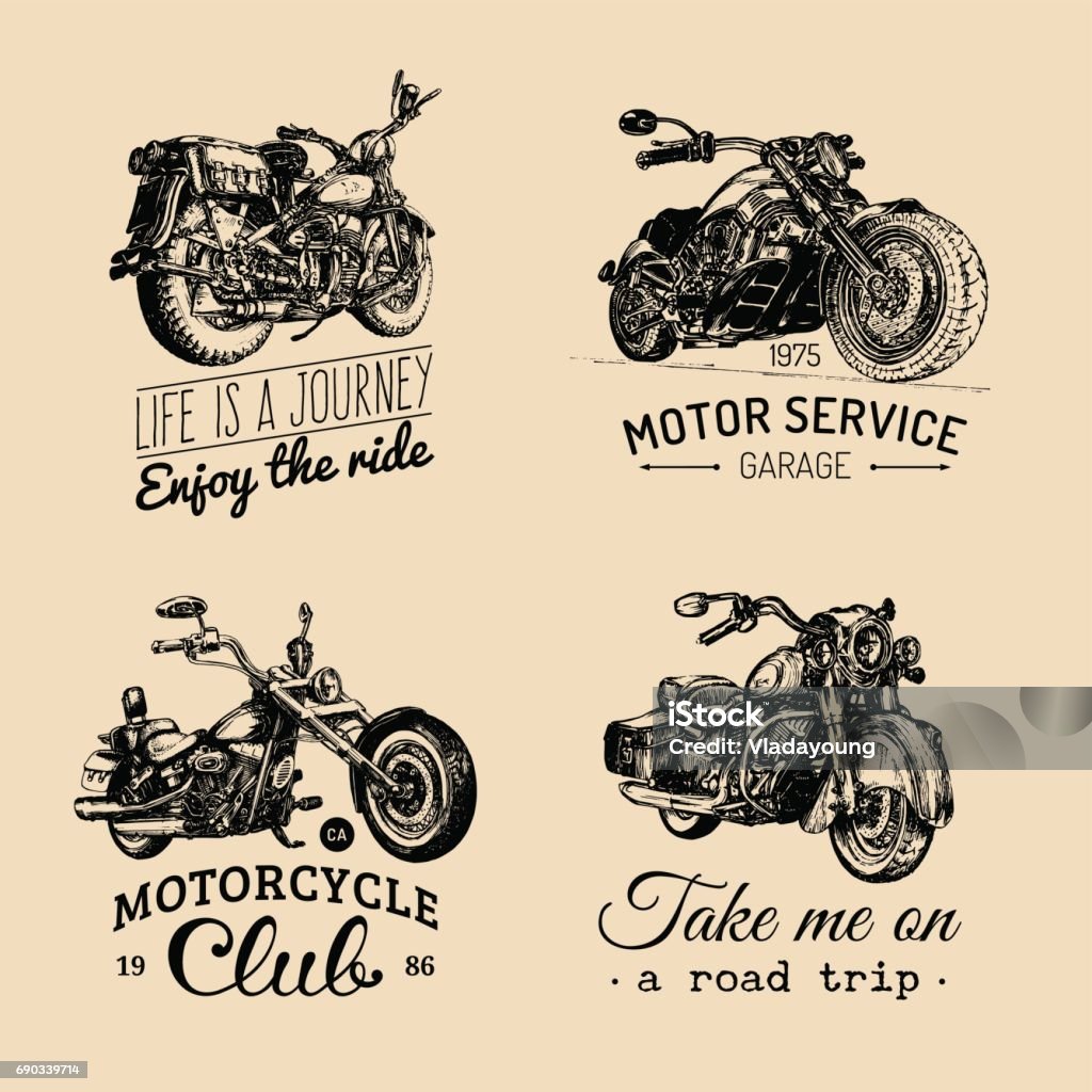 Vektor-Motorräder inspirierend, set Werbeplakate. Hand gezeichnet Illustrationen für MC-Etiketten. Detaillierten Fahrräder Zeichnungen. - Lizenzfrei Motorrad Vektorgrafik