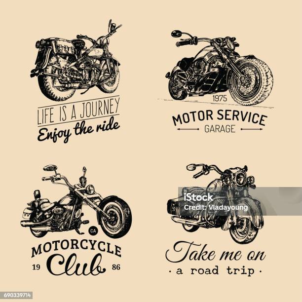 Vektormotorräder Inspirierend Set Werbeplakate Hand Gezeichnet Illustrationen Für Mcetiketten Detaillierten Fahrräder Zeichnungen Stock Vektor Art und mehr Bilder von Motorrad