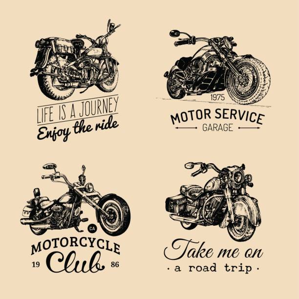 Vector motorcycles inspirational,advertising posters set.Hand sketched illustrations for MC labels.Detailed bikes drawings. Vector motorcycles inspirational, advertising posters set. Hand sketched illustrations for MC badges. Detailed bikes labels for custom company, chopper store, garage, t-shirt print. motorcycle drawings stock illustrations