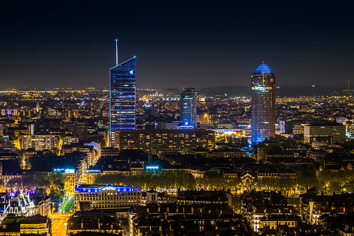 LYON, FRANCE - APRIL 11, 2017 Lyon city focus on business district Pardieu by night