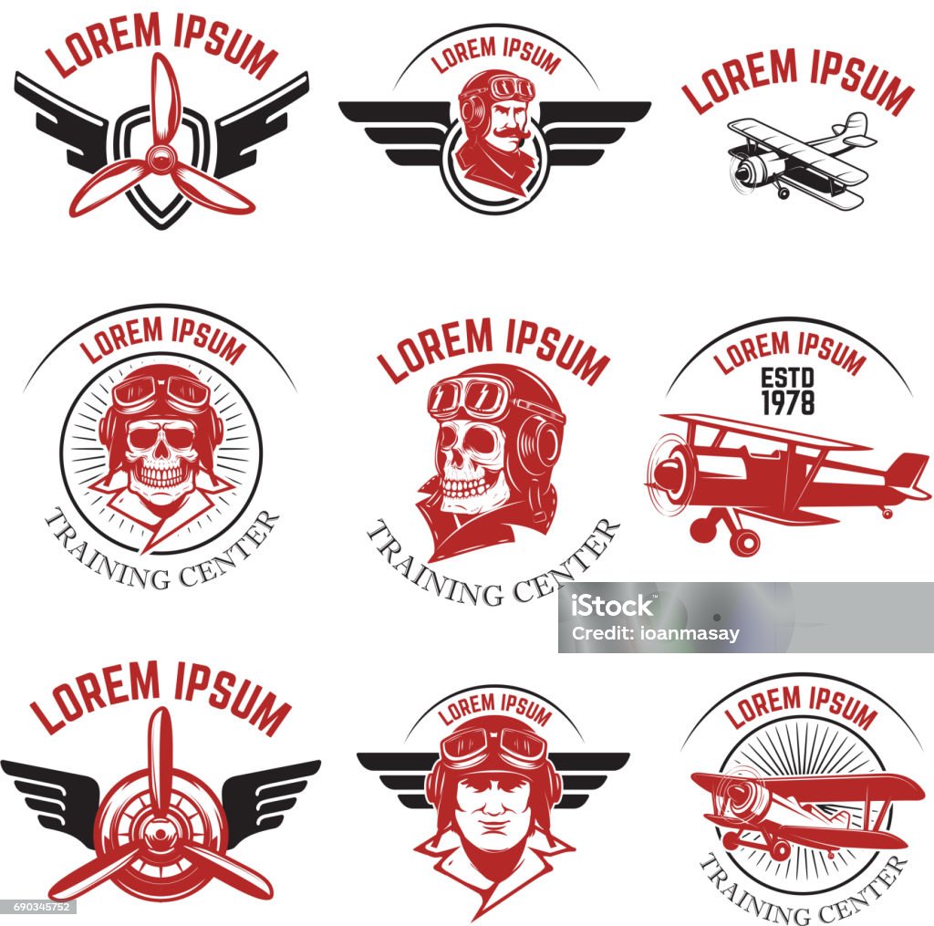 Set of air force, airplane show, flying academy emblems. Vintage planes. Design elements for badge, label. Vector illustration. Flying Goggles stock vector