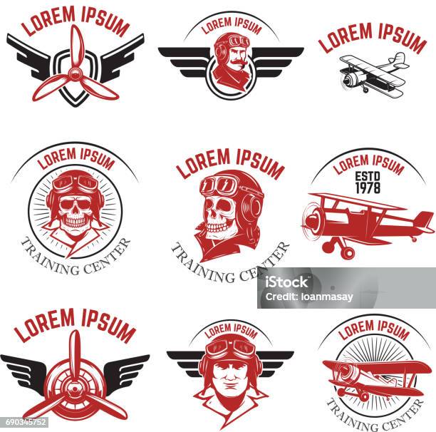 Set Of Air Force Airplane Show Flying Academy Emblems Vintage Planes Design Elements For Badge Label Vector Illustration Stock Illustration - Download Image Now