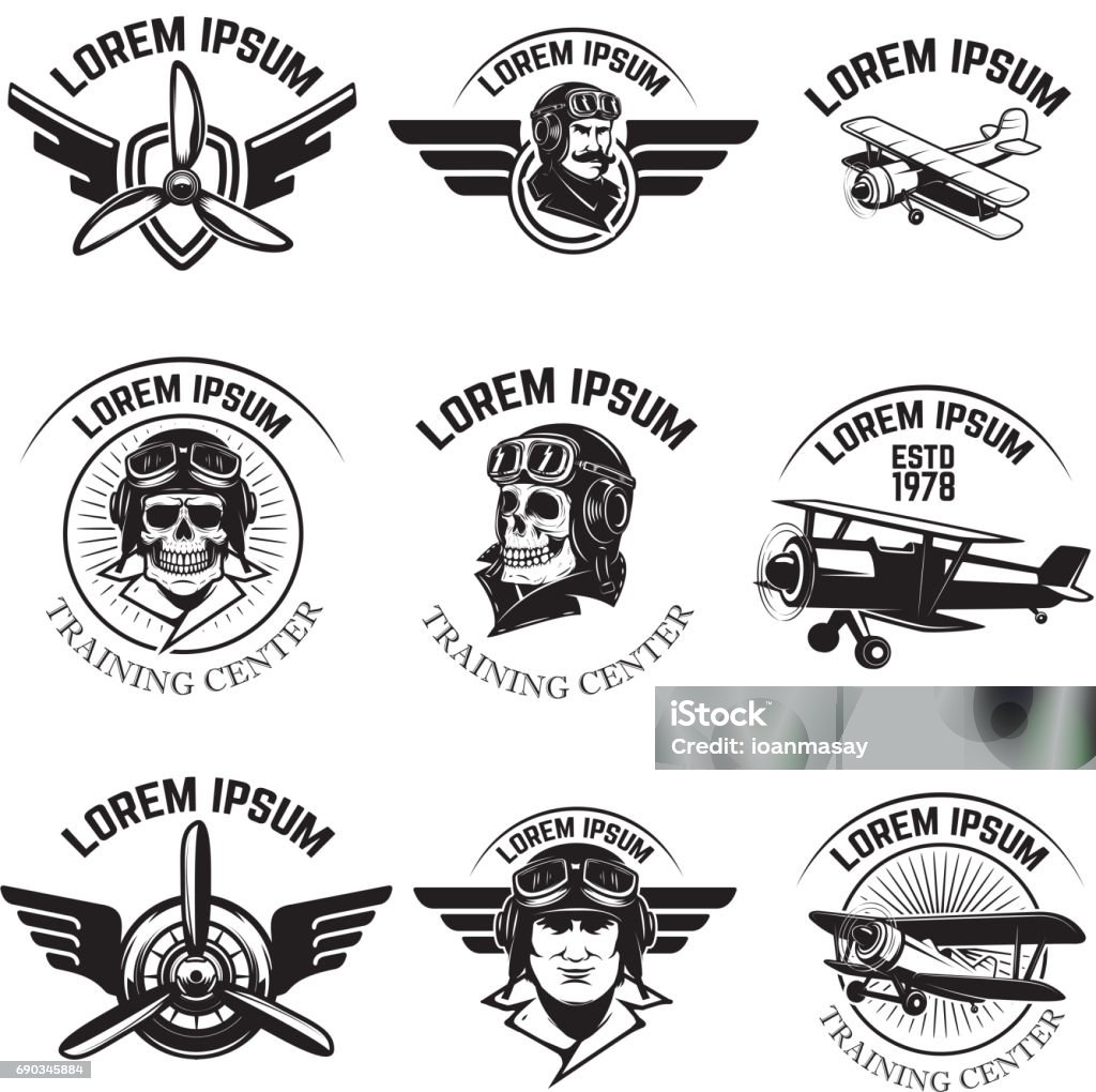 Set of air force, airplane show, flying academy emblems. Vintage planes. Design elements for badge, label. Vector illustration. Old-fashioned stock vector