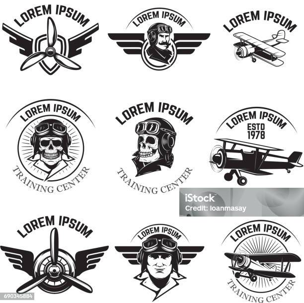 Set Of Air Force Airplane Show Flying Academy Emblems Vintage Planes Design Elements For Badge Label Vector Illustration Stock Illustration - Download Image Now