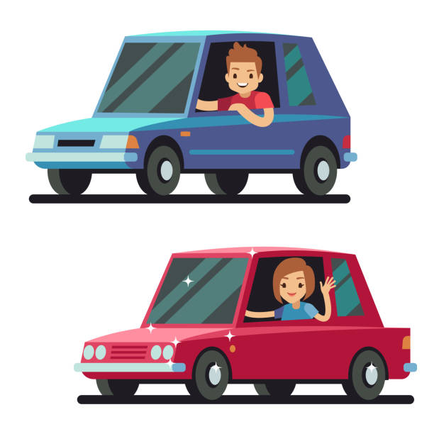 행복 한 젊은이 및 여자 드라이버 운전 자동차 평면 벡터 개념 - car driving women driver stock illustrations