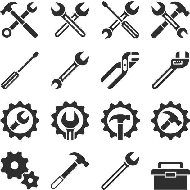 ilustraciones, imágenes clip art, dibujos animados e iconos de stock de herramientas de servicio de mantenimiento y tecnología vector iconos - llave de tuercas