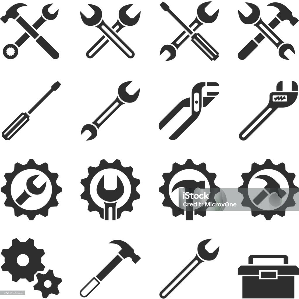 Technology and maintenance service tools vector icons Technology and maintenance service tools vector icons. Repair service icon, illustation of maintenance setting Icon Symbol stock vector