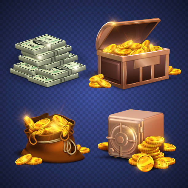 ilustrações de stock, clip art, desenhos animados e ícones de casino vector 3d signs and money icons. dollars, gold coins in safe deposit and moneybag - coin currency bag money bag