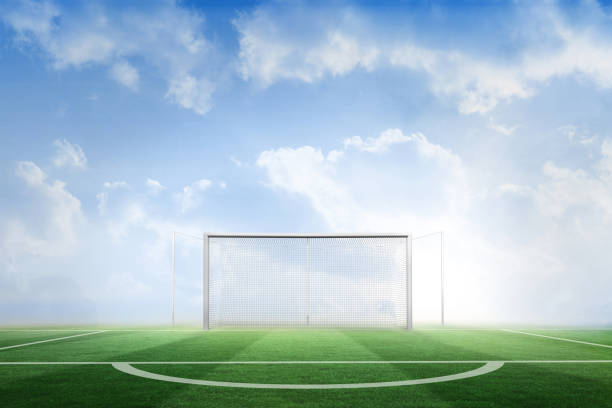 istock Football pitch under blue sky 690347138