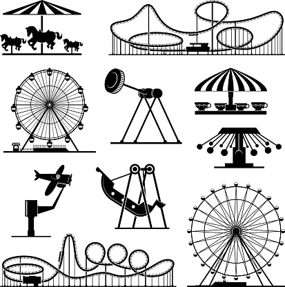 Vector icons of different attractions in amusement park. Attraction icon for carnival and amusement park illustration