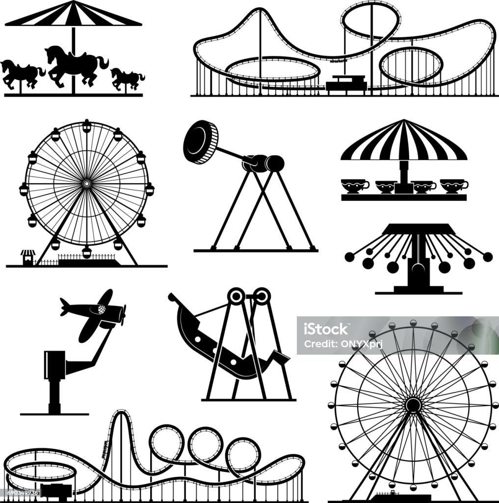 Vector icons of different attractions in amusement park Vector icons of different attractions in amusement park. Attraction icon for carnival and amusement park illustration Ferris Wheel stock vector