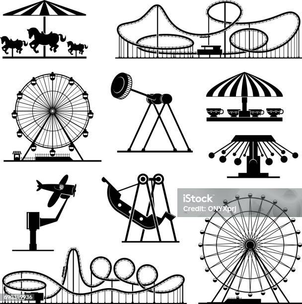 Vector Icons Of Different Attractions In Amusement Park Stock Illustration - Download Image Now