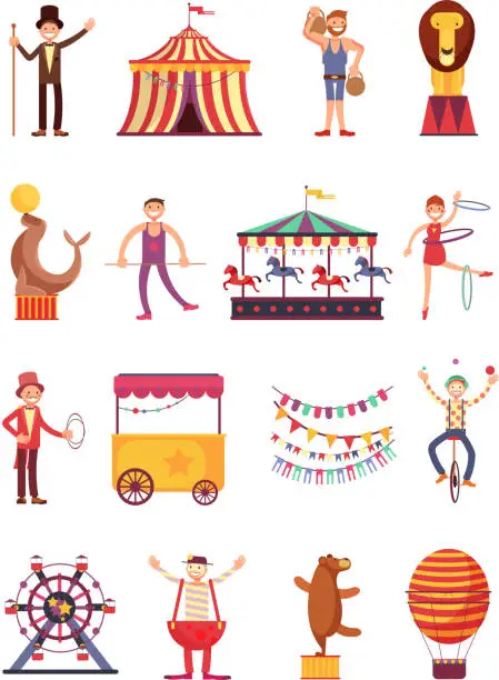 Vector illustration of Carnival and circus cartoon fun characters. Fair carousel and amusement park elements vector collection