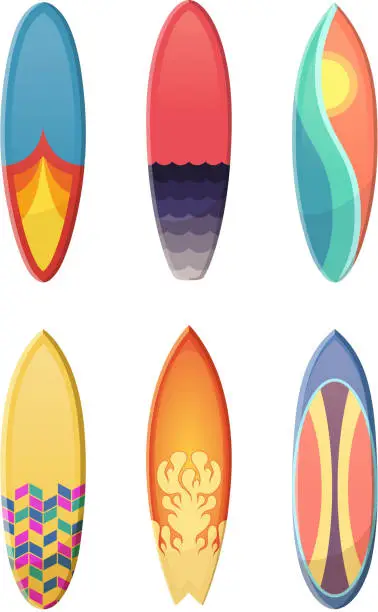 Vector illustration of Surfboards set of different retro colors. Vector sport illustration isolate on white background