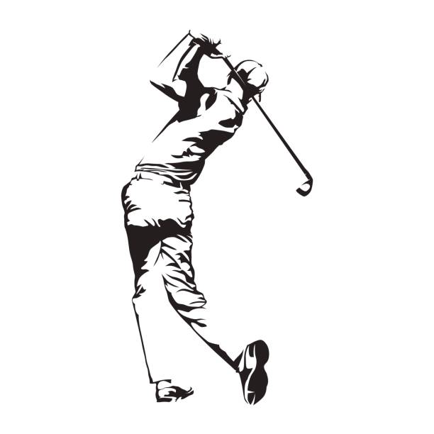 illustrazioni stock, clip art, cartoni animati e icone di tendenza di giocatore di golf, silhouette vettoriale astratta, schizzo golfista - golf course illustrations