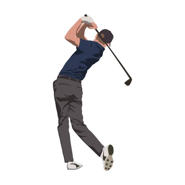 ilustrações de stock, clip art, desenhos animados e ícones de golf player swinging with club, isolated vector illustration - drive